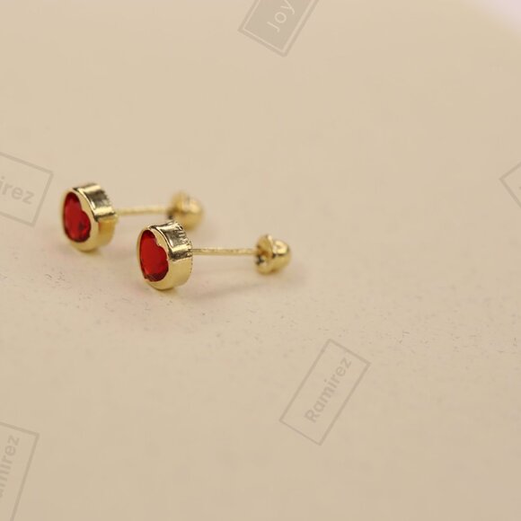 Elegant 14K Solid Gold Heart Earrings with Red Zirconia • 5mm Round Silhouette. - Picture 4 of 7